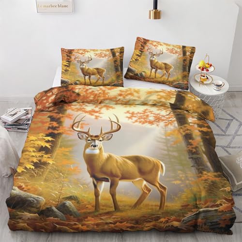 Cerf Deco - Housse de Couette Cerf 200x200 avec 2 Taies d'oreiller 65x65 cm, Parure de Lit Animaux de la Forêt Automne en Microfibre Douce, Linge de Lit 2...
