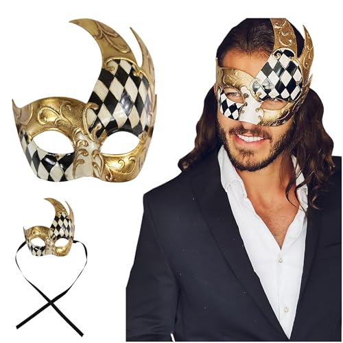 Luxury Mask® Masquerade Mask for Men Musical Checkered Vintage Design Mask for Mardi Gras, Prom and Masquerade Party - Black/Gold (Checkered)