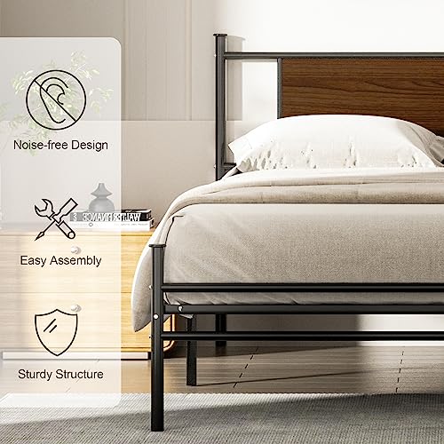 Haoara Queen Size Bed Frame With Rustic Wood Headboard, Metal Heavy Duty Platform Frame, Sturdy Steel Slat Support, No Box Spring Needed, Black #TOP4