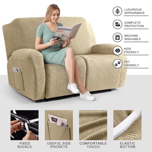 Image of Timeles Recliner Covers Extra Wide Recliner Loveseat Covers Oversized Reclining Couch Covers Sofa Slipcovers Stretch Soft Washable (Two-Seater Oversized, Khaki)