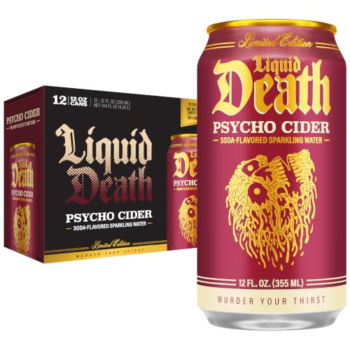 Image of Liquid Death Soda-Flavored Sparkling Water - Psycho Cider (Apple Cinnamon), Less Sugar*, Huge Flavor, No Caffeine, No Artificial Sweeteners, 12 Fl Oz (Pack of 12)