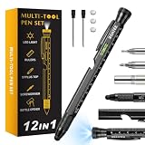 ROATEE Fathers Day Men Multi Tool Pen 12 in 1 Cool Stuff Gadgets Gift for Husband Dad Birthday Personalized Gifts Fidget Construction Pen with Small Screwdriver, Level, Ruler,Led Light, Black