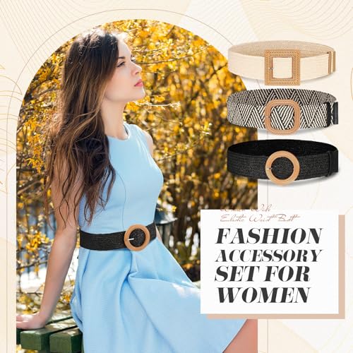 Image of Syhood 3 Pieces Straw Woven Elastic Waist Belt for Women Bohemian Dress Braided Belt