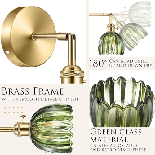 Image of Rossesay 2 Pcs Vintage Wall Sconce with Tulip Glass Shade 180 Degree Adjustable Hanging Brass Sconces Hardwired Modern Lamp Fixtures Decor for Bedside Indoor Doorway Including Light Bulb (Green)
