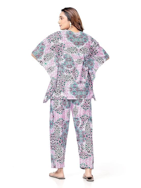 Image of Vlazom Women's 100% Cotton Printed Kaftan & Pyjama Set - Combo Pack of 2 | Free Size Nightwear with Pocket | Soft Cotton Loungewear Co-ord for Women