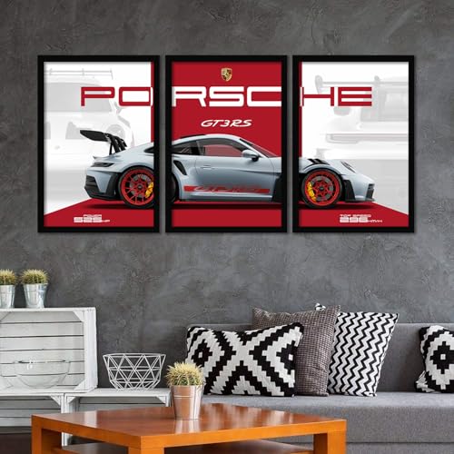 Image of ARTELLY Big Porsche 911 GT3rs Sports Car Framed Wall Posters, Set of 3, Premium Framed Painting, Living Room Bedroom Decoration, Large Size Gift Item for Boys Room Decor (Porsche 2, 13x19 inch)