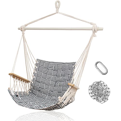 Image of Hammock Chair Hanging Swing with Wooden Armrests;Steel Spreader Bar and Anti-Slip Rings;Cotton Woven Fabric;Up to 300 Lbs for Bedroom,Patio,Porch,Deck-Indoor Outdoor Midnight Blue Stripe