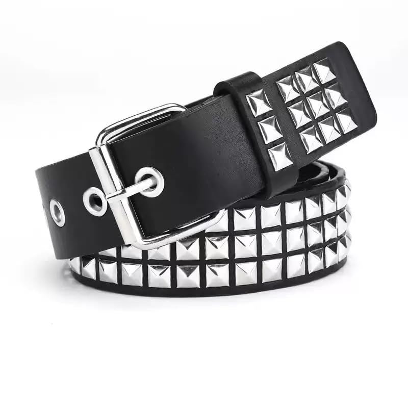 Black Studded Belt Metal Punk Rock Rivet Belts with Bright Pyramid Studs for Men Women