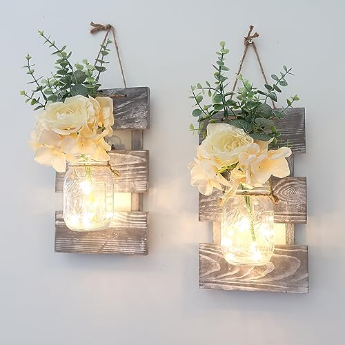 Besuerte Rustic Wall Decor Set of Two - Mason Jar Sconces with Led Fairy Lights & Rose Flower, Home Decor Living Room Wall Art (Large, Rustic Gray)