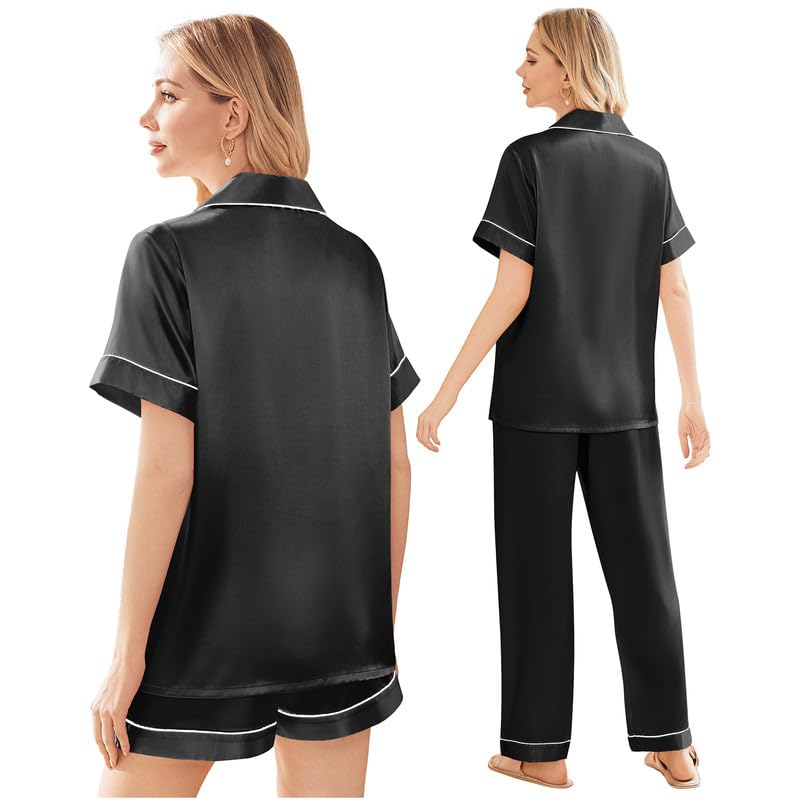 Image of Ekouaer Silk Pajamas for Women Set Satin Soft Short Sleeve Button Down Pjs | 3 Piece Loungewear,Comfy Sleepwear,Silky Smooth Fabric,Gift for wedding,Bridal Party,Coffee Time,Vacation