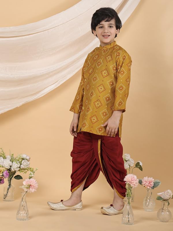 Image of superminis Boy's Golden Foil Printed Side Open Cotton Kurta, Round Collar, Full Sleeves Ethnic Wear Dhoti Kurta Set