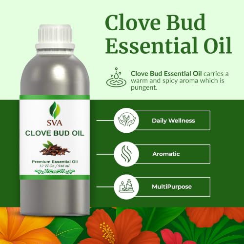 Image of SVA Clove Bud Essential Oil, Huge Bottle, Large Size, 32 Fl Oz (946 ml) | Clove Bud Oil for Diffuser, Humidifier, Home Fragrance, Oral Care, Body Massage, Soap Making, Candle Making & DIY Projects