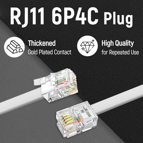 Image of Uvital RJ11 Telephone Cable, 25 Feet, Fixed Telephone Cable with Telephone Coupler and 20 Cable Clips, for Modem, Fax, White
