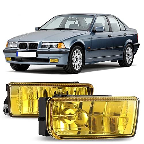 CPW OEM Fog Lights Assembly Fit For [1992 1993 1994 1995 1996 1997 1998 BMW 3 Series E36 318i 320i 323i 325i 328i], Driving Fog Lamps w/ H1 12V55W Halogen Bulb (Black Housing Yellow Lens)