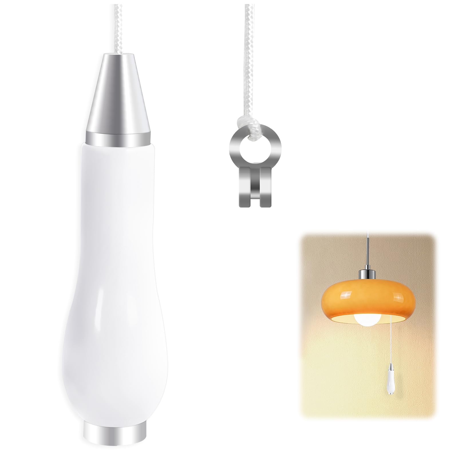 Bathroom Light Pull Cord Handle,Pull Cord Light Switch Bathroom,Chrome Teardrop Pendant Weight Connector with 150cm Long Nylon White String for Bathroom Toilet Light Ceiling Lights Fan Switch(White)