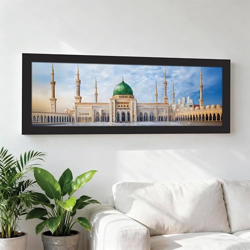 Image of PAINTINGMANTRA Masjid E Nabawi Islamic Arabic Wall Art Framed Luxury Paintings for Home Decoration, Living room, Bedroom and Office Decoration (99x38 CM)