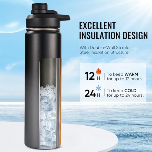 Image of Fijinhom 24 oz Insulated Water Bottle with Handle, 304 Stainless Steel Water Bottles with Wide Mouth, Double Wall Vacuum Sports Water Bottle, BPA Free, Keep Cold and Hot, Black /Gray