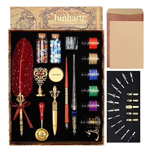 Junhartt Quill Feather Pen and Ink Set, Calligraphy Pen Glass Dip Pen and Wax Seal Stamp Kit (Red)