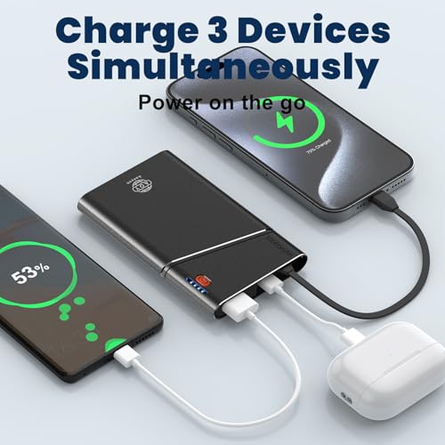 Image of Aaoyun Portable Charger Power Bank, 10000mAh 22.5W PD Fast Charging Powerbank with Built-in USB C Cable, Slim External Phone Battery Pack for iPhone 17 /16 /15 Samsung S24 Android etc (Black)