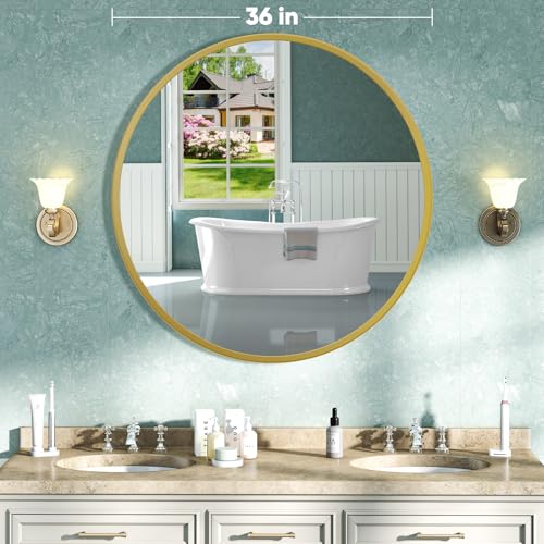 Image of NEWBULIG Round Bathroom Mirror for Over Sink, 36 Inch Wall Mount Vanity Circle Mirror with Matte Metal Framed, Decor for Bathroom, Entryway, Bedroom, Gold