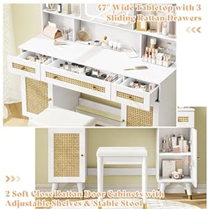 Amerlife 47in rattan makeup vanity desk with mirror and lights modern big vanity table with drawers shelves boho vanity set with rattan door cabinets for women bedroom stool included white  urban country home decor