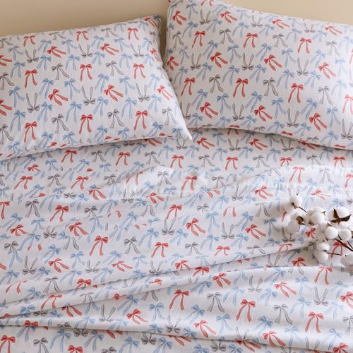Image of Intelligent Design Flannel Sheets Twin, Cozy Soft 100% Cotton Flannel Bedding, Printed Warm Twin Sheets Set, Ultra Soft Cold Weather Bed Sheet Set, Happy Bows, 3 Piece