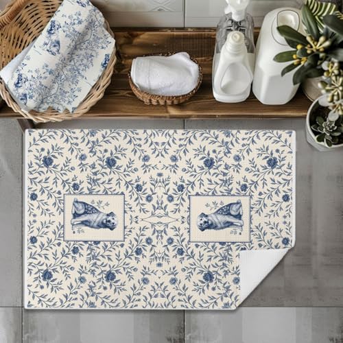 Image of Blue Chinoiserie Golden Retriever Kitchen Towels, Gifts for Golden Retriever Lovers Dish Tea Towels for Kitchen, Vintage French Toile Dog Decorative Hand Towel for Bathroom, 16x24 Inch Set of 2