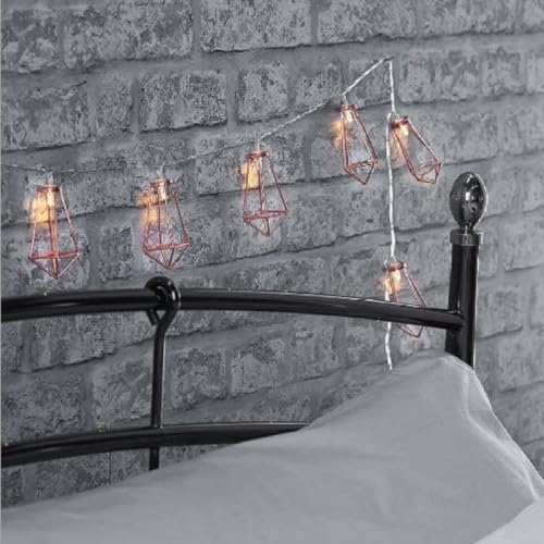 Image of MoonlitDreams 10ft 20 LED Rose Gold Geometric Diamond Fairy String Lights, Metal Water Drop Cage Copper Wire Lights, Battery Operated for Home Decor, Wedding, Christmas & Garden (Pack of 1)