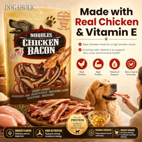 Image of Dogaholic Chicken Bacon Strips Dog Treats - High Protein Dog Snacks & Healthy Training Treats for All Breeds | Smokey Flavor Chewy Sticks for Puppies & Adult Dogs