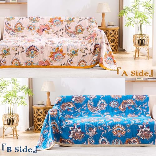 Image of XIBLC Boho Throw Blanket for Bed, 100% Cotton Soft Rustic Quilt Fall Blanket, 80 inchx90 inch Floral Printed Farmhouse Decor Bed Blankets, All Season Rustic Reversible Bohemian Throw Quilt