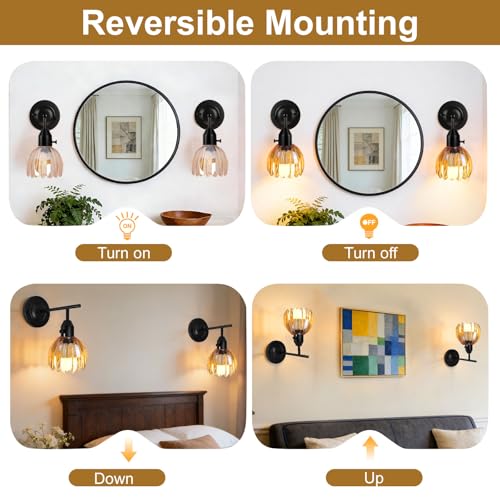 Image of Vintage Wall Sconces with Cute Amber Tulip Glass Lampshade, Black Wall Sconces Hradwired Modern Wall Lighting Fixture with Switch for Bedside Bedroom Living Room Wall Decor