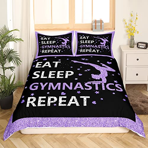 Homewish Double Bedding Sets for Girls,Eat Sleep Gymnastics Comforter Cover Purple Black Gymnastics Bed Set for Gymnast Glitter Sequins Love Hearts Stars Decor,1 Duvet Cover with 2 Pillow Cases - Image 2