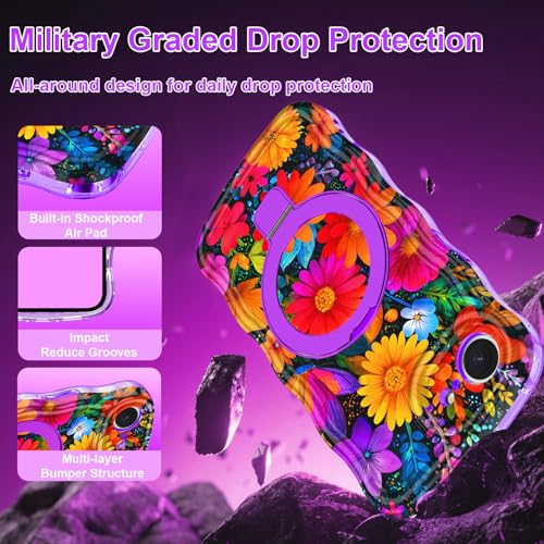 Meshine for iPhone 17e Case/iPhone 16e Case with Magnetic Stand,[Compatible with MagSafe] Wave Frame Cute Flower Design Shockproof Drop Protective Women Girls Cover for iPhone 17e,All Purple Flower - image 7