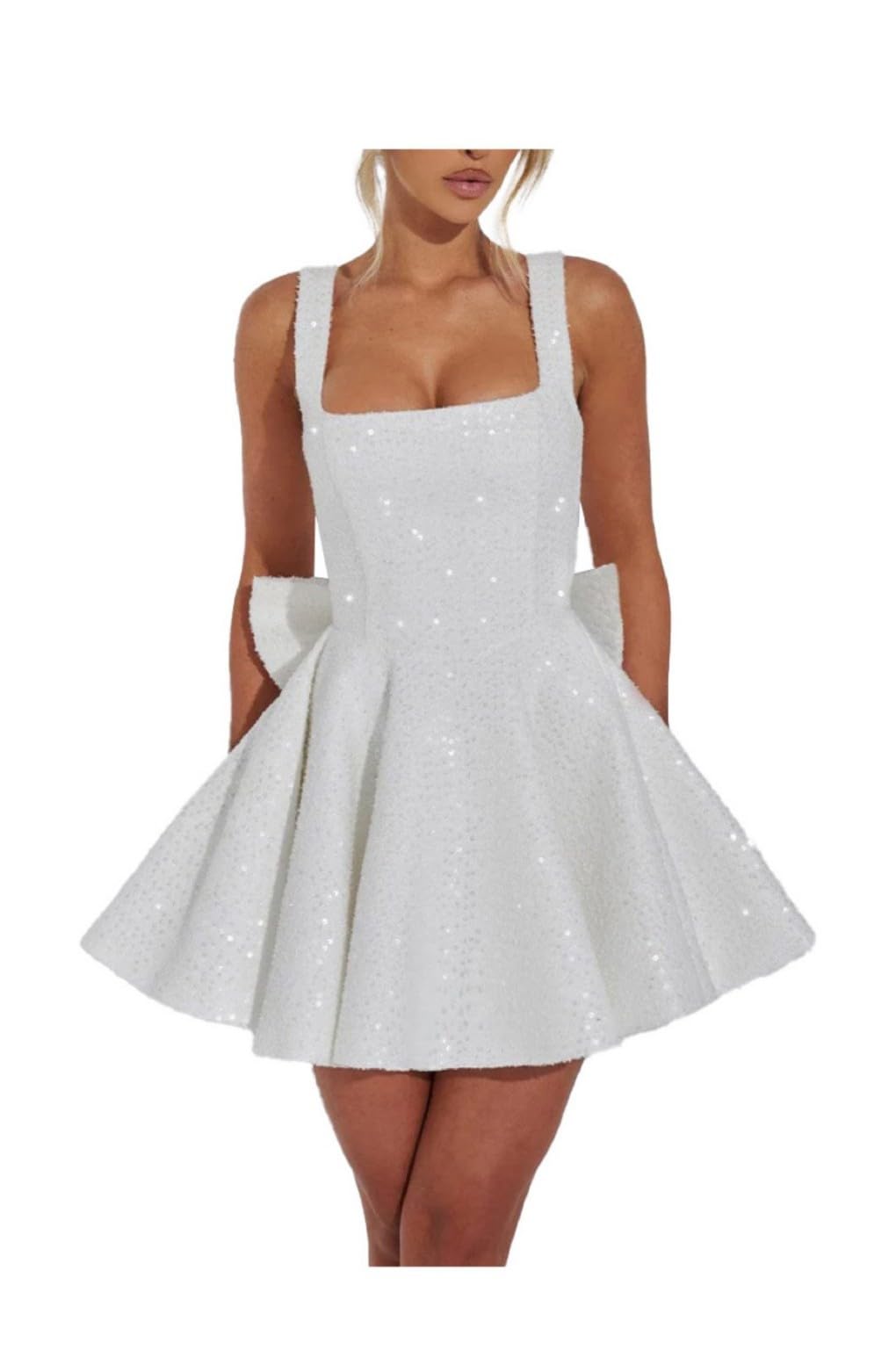 Leader of the Beauty Women's Glitter Dress Sequins Party Cocktail Sparkly Dress Clubwear Evening Dresses with Bow White