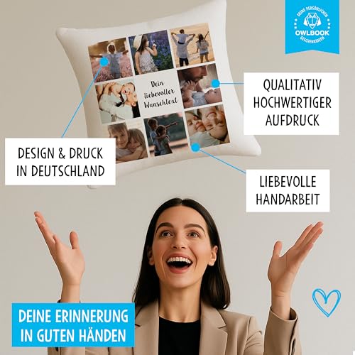 OWLBOOK® Personalisiertes Kissen mit Foto Bedrucken Lassen - Fotokissen mit 8 Fotos & Text selbst gestalten - Foto Kissen 40 x 40 cm weiß, optional mit Füllung