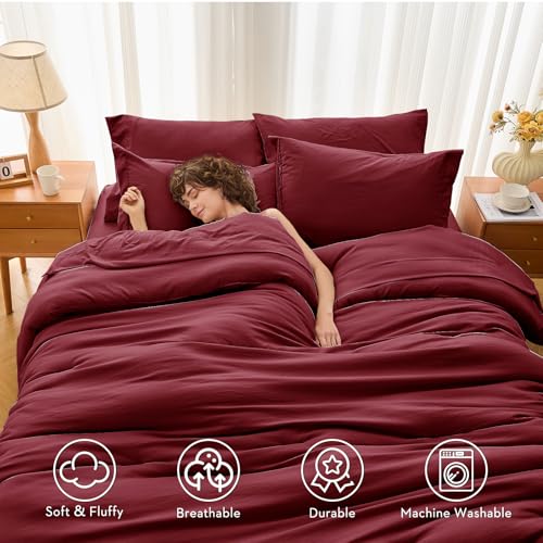 MUXHOMO 7 Pieces Full Comforter Set, Soft Bed in a Bag Full Size, All Season Bedding Set with Comforter, Flat Sheet, Fitted Sheet, Pillowcases & Shams, Burgundy Red