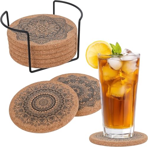 Posavasos de corcho con soporte de metal, 8 posavasos redondos reutilizables de corcho para tazas, vasos y decoración de mesa, perfectos para el hogar, oficina, bar y restaurante