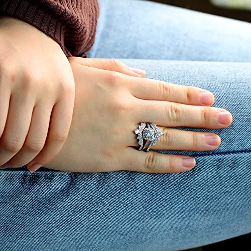 925 Sterling Silver Round CZ Crown Wedding Engagement Ring Guard Enhancer 2pcs V-shape Stack Rings Set Y1027 (Platinum, Adjustable)2