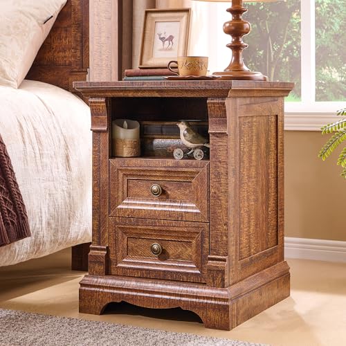 Image of Nightstand Set of 2, 18 inchWooden End Table with Charging Station Roman Column