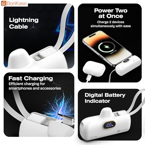 Image of BonKaso 5000mAh Mini Power Bank 22.5W PD Fast Charging, USB-C Type-C Input /Output, Built-in i5 Cable, Digital LED Display, Compact Pocket Portable Charger for iPhone & Android - White
