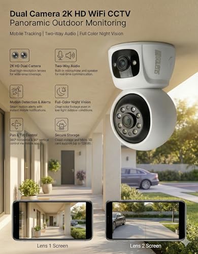 Image of Golens WC07K-Eco 2K Dual Lens WiFi CCTV Camera for Home Indoor /Outdoor, 3MP+3MP Wireless Security Camera, 360 Pan-Tilt, Motion Tracking, Full Color Night Vision, 2-Way Audio, Waterproof, App Support