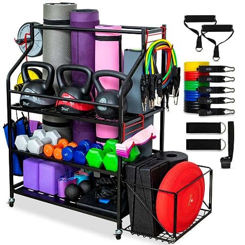 VORVIL Home Gym Storage Rack and Yoga Mat Holder, Multipurpose Fitness and Accessory Equipment Organizer with Utility Hooks, Shelves, Rolling Wheels, and 68 KG Resistance Band Set VORVIL Home Gym Storage Rack and Yoga Mat Holder, Multipurpose Fitness and Accessory Equipment Organizer with Utility Hooks, Shelves, Rolling Wheels, and 68 KG Resistance Band Set