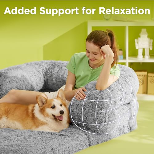 LE SURE Foldable Human Dog Bed - 3 in 1 Flexible Giant Human Dog Bed for Adult People with Supportive Bolster Egg Foam, Waterproof Liner, Calming Fluffy Faux Fur Orthopedic Big Bean Bed, Light Grey