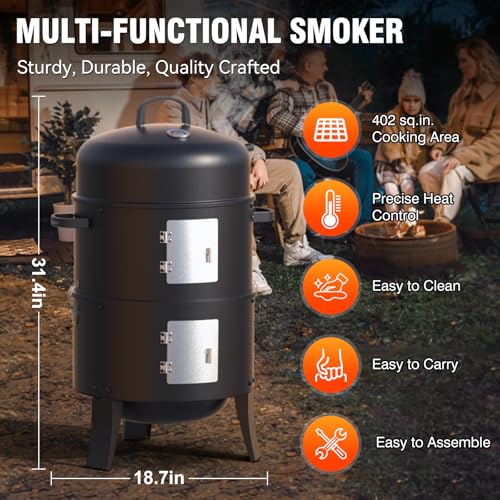 GRiliFE 16\" Charcoal Smoker, 3 in 1 Heavy Duty Vertical Barbecue Grill, Outdoor Fire Pit 402 Square Inches Cooking Area, Versatile Outdoor Smoker Grill, Black - Thumbnail 2