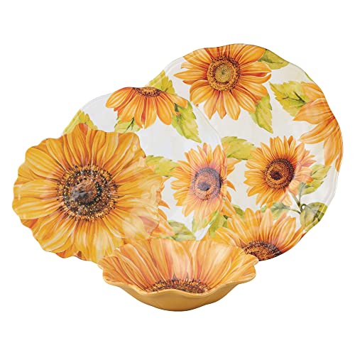 Upware 16-Piece Melamine Dinnerware Set, Includes Dinner Plates, Salad Plates, Dessert Plates, Bowls, Service For 4. (Sunflower) #TOP1