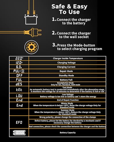 Image of REHTRAD Fully Automatic Car Battery Charger 6A 6V /12V，Battery Charger for Car and Bike,Suitable for Most Battery Types, Including Calcium, Gel, AGM, Wet Lead-Acid Batteries