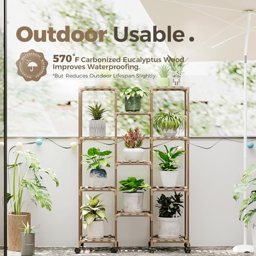 image for Bamworld Plant Stand With Wheels Indoor Outdoor Wood Plants Shelf for 