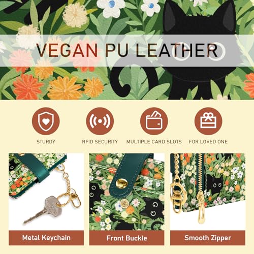 Image of Jogjam Rfid Women Wallet, Small Slim Thin Credit Card Wallet, PU Leather Bifold Cash Zipper Coin Pocket ID Window, for Female Ladies Teen Girls Girly Gifts, Black Cat Floral, Small, Modern