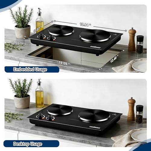 Image of CUSIMAX Hot Plate, 1800W Electric Burner Double Hot Plate for Cooking Countertop Burner with Adjustable Temperature Control, Portable Electric Cast Iron Hot Plates Cooktop, Easy to Clean, Black