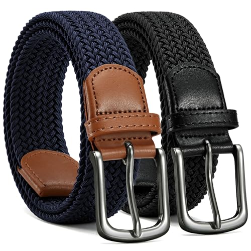 Image of CHAOREN Stretch Belt Men 2 Pack - 1 3 /8 inch Braided Golf Belts For Men - Casual Elastic For Pants and Jeans
